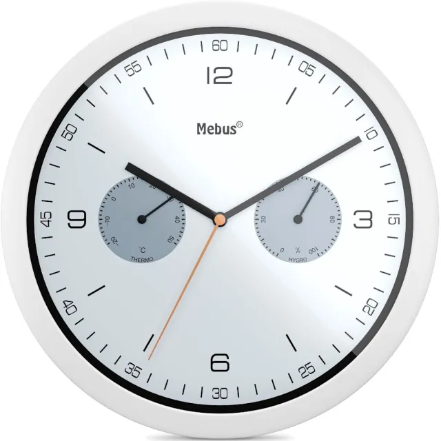 Mebus quartz wandklok met thermometer en hygrometer / Kunststof / Rond / Model: 16101 / Kleur: Wit, 26 cm diameter
