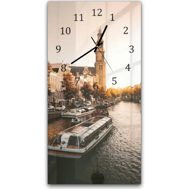 Mydesignglas Grote Glazen Wandklok XXL Amsterdamse Herfst Zwarte- Verticaal 30x60 cm - Stille Klok voor Woonkamer & Keuken - Modern Design