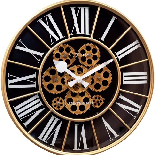NeXtime William – Industrial Wandklok – 50 cm – Metaal – Zwart – Bewegende tandwielen
