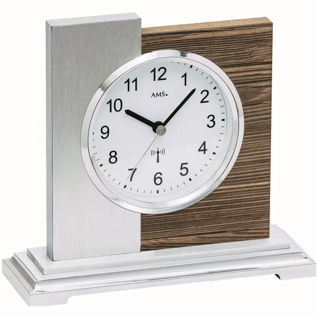 AMS Tafelklok zendergestuurd Notenhout-Aluminium 5149 Zilverkleurig