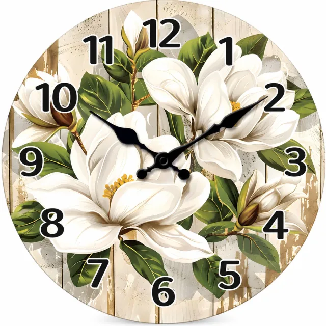 SWGOTA Ronde MDF-wandklok 12 inch (29,7 cm) met magnoliabloemen - Stil kwartsuurwerk, zwarte cijfers en wijzers Beige