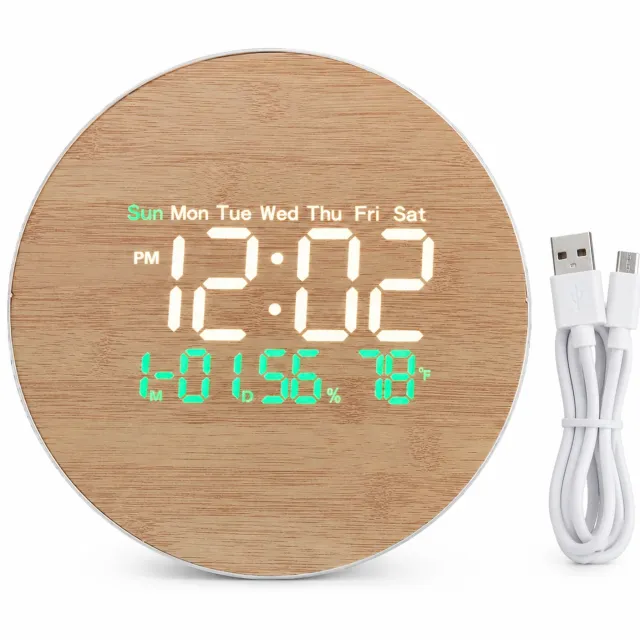 SWGOTA Ronde digitale LED-wandklok met bamboepatroon, kalender, temperatuur- en luchtvochtigheidsweergave, in kleurendoos Wit