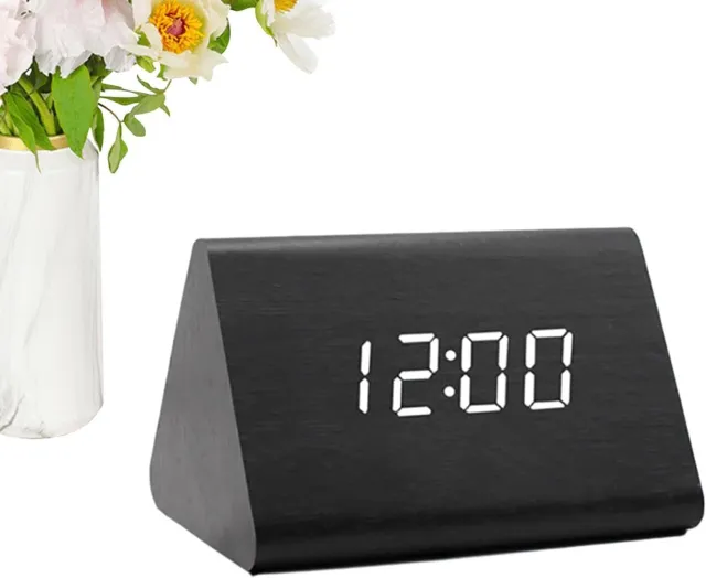 VHV Digitale wekker - LED tafelklok met tijd, datum en temperatuur - Houtlook wekker met wit licht voor nachtkastje