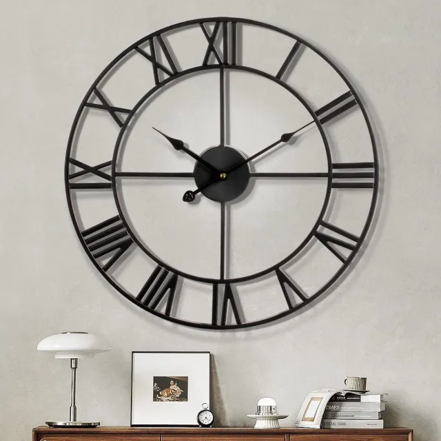 Maxstar moderne grote wandklokken met Romeinse cijfers, zacht tikkende ronde metalen stille vintage wandklok voor woonkamer, keuken, slaapkamer, tuindecoratie - zwart 60 cm