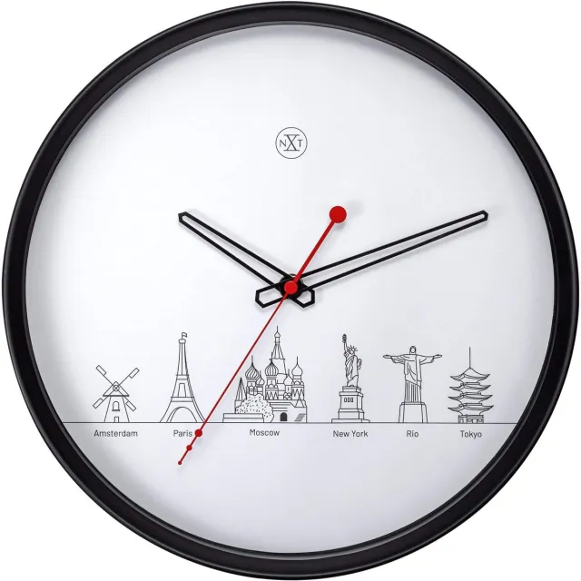 NeXtime nXt Worldtour – Stille Wandklok – 30 cm – Plastic – Zwart/Wit