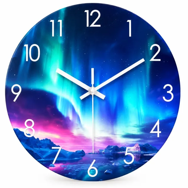 SWGOTA Stille ronde wandklok van gehard glas, 12 inch, met noorderlichtmotief en witte cijfers Blauw