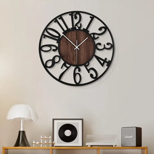 ‎HAITANG HAITANG Wandklok voor de woonkamer - Decoratieve 34 cm grote stille, niet-tikkende zwarte metalen houten klokken voor boerderij, slaapkamer, keuken, op batterijen werkende wanddecoratie