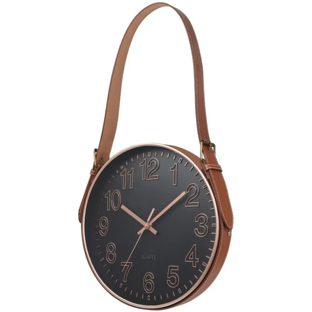 Wclavion Wandklok 12 inch (30 cm) met leren hangriem - Stil quartz uurwerk, helder glas -6003-8 Zwart met roségoud