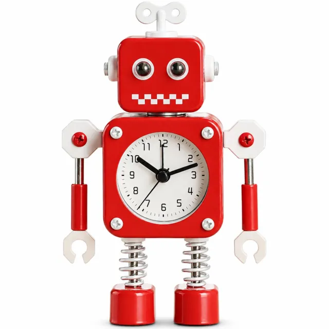 SWGOTA Wekker - rode robot met wijzerplaat en alarm - stil sweep-uurwerk - metalen behuizing - batterijvoeding Rood