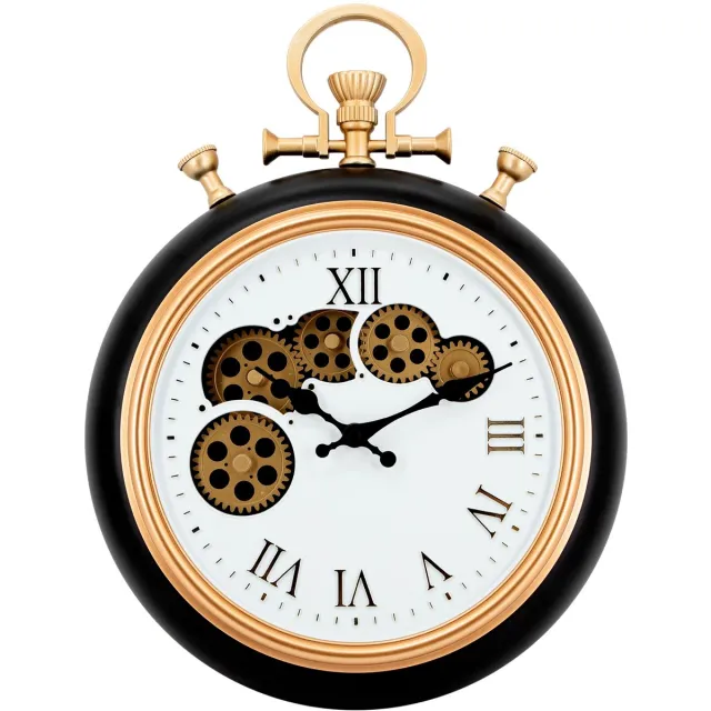 IvoQ Industriële Wandklok met Bewegende Tandwielen - Vintage Zakhorloge Design - Zwart/Goud - Metaal - Ø 30 cm