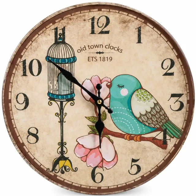 SWGOTA Stille ronde wandklok met vogelkooi- en bloemenmotief, MDF van 5 mm, enkelzijdig Beige
