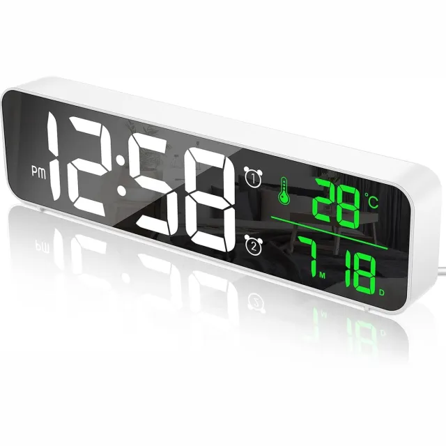 meerklose wekker Digitaal groot LED-display met temperatuur- en datumkalender, nachtkastklok Wandklok Spiegel met 40 muziek 2 alarmen 6 niveaus instelbare helderheid 4 volume, USB-lading, zilver