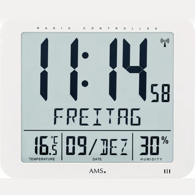 AMS F5886 - Wandklok - Tafelklok - Digitaal - Kunststof - Radiogestuurde tijdsaanduiding - LCD - Temperatuur - Vochtigheid - Wit We houden alle data bij tot 28 dagen