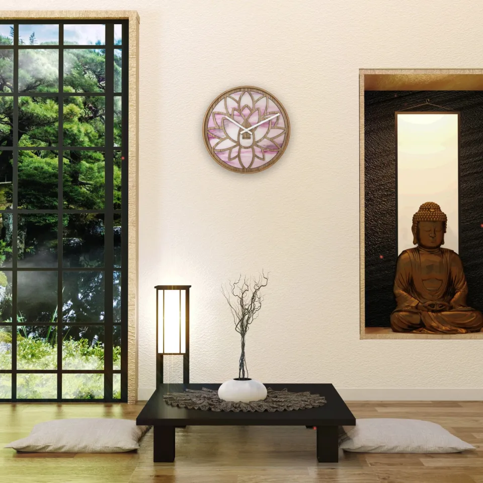 Nextime Wandklok 40 cm - Geruisloos - Roze - Hout - "Lotus", foto 4