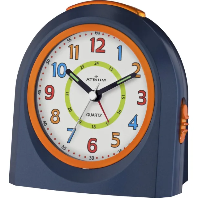 Atrium Wekker - Kinderen - Meisjes Jongens - Analoog - Zonder tikgeluid - LED-licht - Licht/ wijzerplaatverlichting - Glow-in-the-dark wijzers - Donkerblauw / oranje - Opbouwend geluidniveau - Grote drukknoppen - Snooze - Slaapkamer - Klok - A921-5