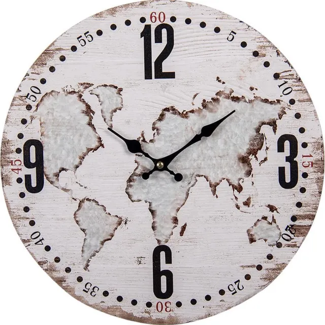 Clayre & Eef Wandklok Ø 34 cm Beige MDF Rond Wereldkaart Muurklok