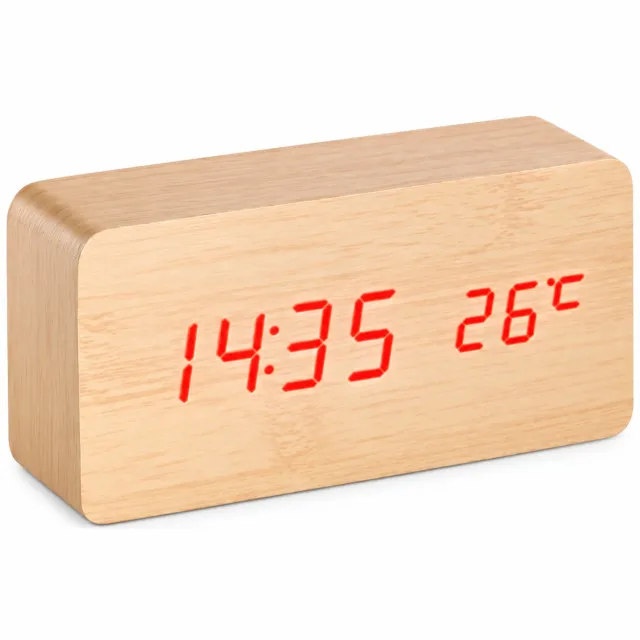 SWGOTA wekker - Rechthoekige houten behuizing met rode LED-tijd- en temperatuurweergave - Batterijen of USB-voeding Lichtbruin