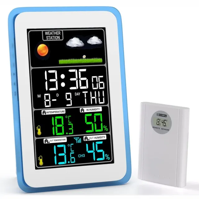 GelldG Weerklok - Multifunctionele weerklok met kleurenscherm - Kleurendisplay met draadloze transmissie - Geschikt voor weersvoorspelling, binnen- en buitentemperatuur en vochtigheidsbewaking - H173G wit