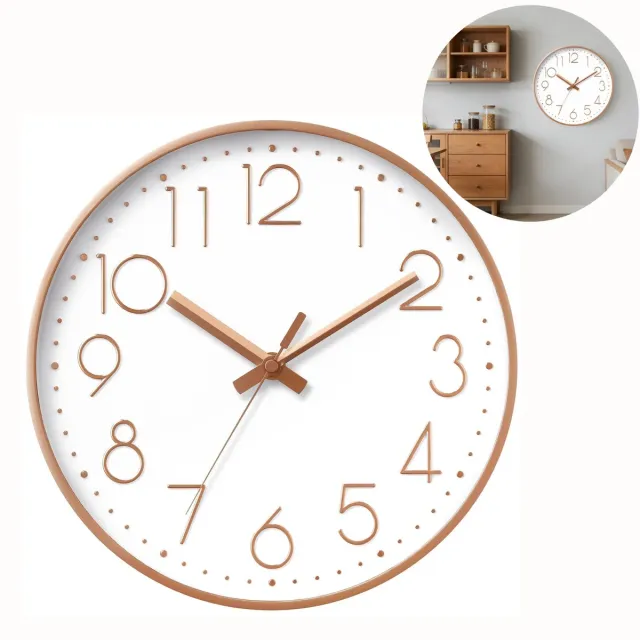 Flintry 8 inch wandklok - Stille, niet-tikkende, moderne 3D-wandklok op batterijen (batterijen niet inbegrepen) - Decoratieve klok voor keuken, thuiskantoor, badkamer, slaapkamer (roségoud) wit