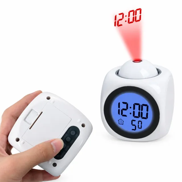 SWGOTA Witte digitale projectiewekker met Engelse gesproken tijdmelding en USB-kabel