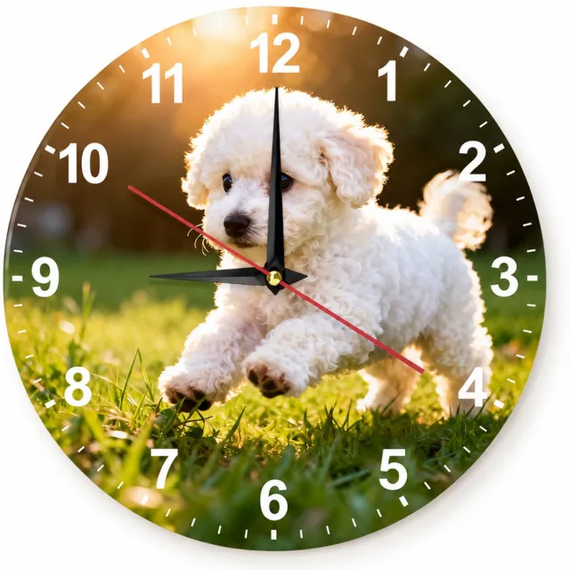 SWGOTA Houten ronde wandklok 30 cm met bichon op gras, witte cijfers en drie wijzers voor woonkamer of slaapkamer Groen