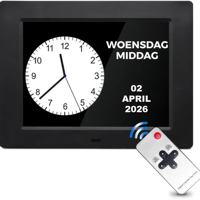 Pora&co Digitale Dementieklok XXL – Kalenderklok met Datum en Dag – Alarmfunctie – 8 inch - Alzheimerklok - Verschillende Interface aan de achterkant stel je Analoog of Digitaal in Zwart