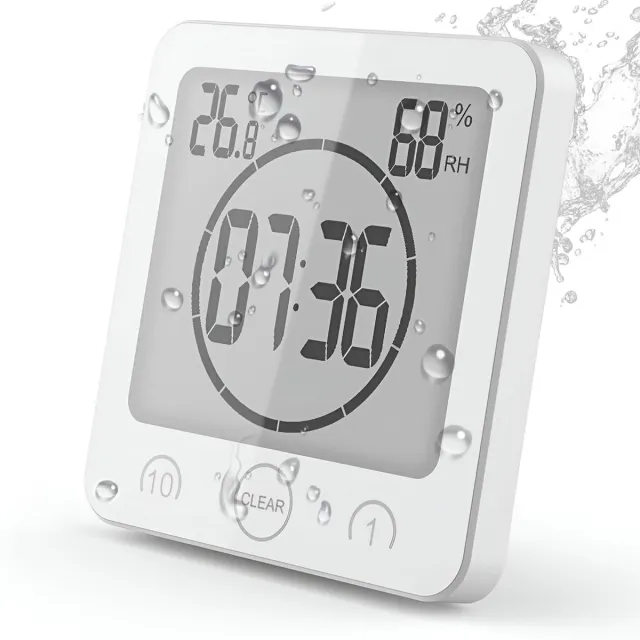 Ynkkvre Douchetimer Waterdicht -Lcd digitale Douchewekker- Douche Wandklok- Luchtvochtigheid Temperatuur Digitale Klok- Countdown Timer voor Douche Keuken Wit