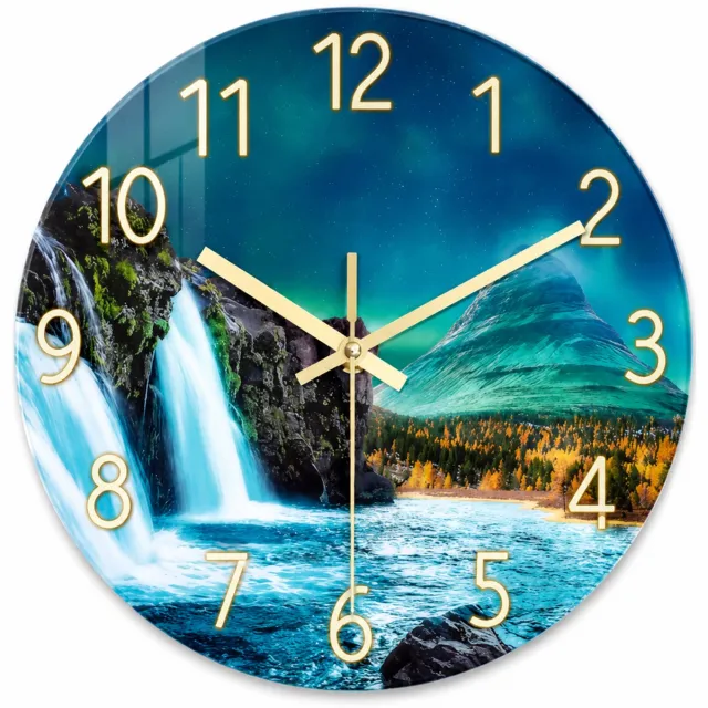 SWGOTA Wandklok 12 inch van gehard glas - Rond met waterval- en berglandschap, gouden wijzers en stil quartz uurwerk Meerkleurig