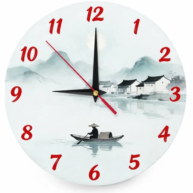 SWGOTA Ronde wandklok van acryl 30 cm met Chinees inktlandschap en vissersboot, rode cijfers en drie wijzers Zwart