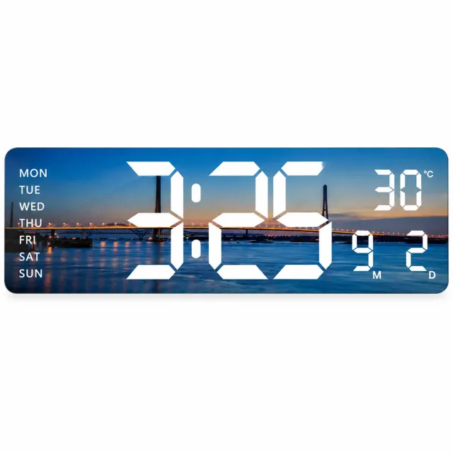 SWGOTA Digitale LED-wandklok 38,8 x 12,3 cm met brugmotief, grote witte cijfers, temperatuur- en kalenderweergave Blauw