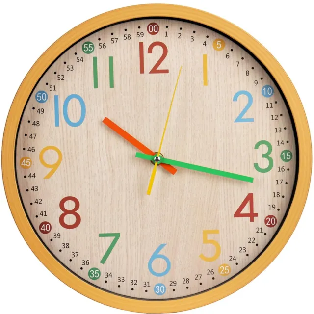 Flintry Wandklok Met Kleurrijke Cijfers En Een Geruisloos Uurwerk; Geschikt Als Educatieve Klok Voor Kinderen En Ideaal Voor Slaapkamers, Studeerkamers, Scholen, Woonkamers, Keukens, Kantoren En Meer. bruin