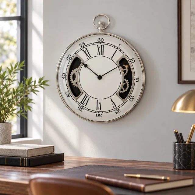 Hoppa! Ronde wandklok met sierring - Crème/Chroom - 5 x 40 x 51 cm (B x D x H) zwart/wit