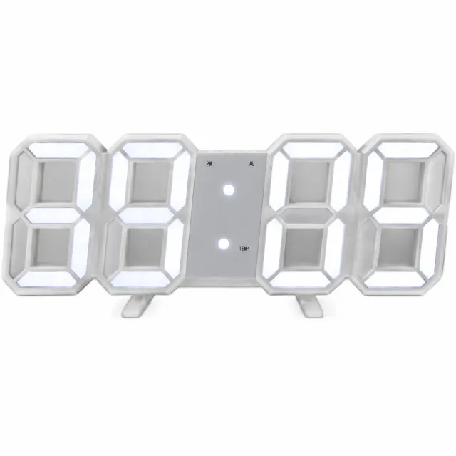 SWGOTA Digitale 3D LED klok met witte behuizing en wit licht, met voetjes voor plaatsing op een bureau of kast