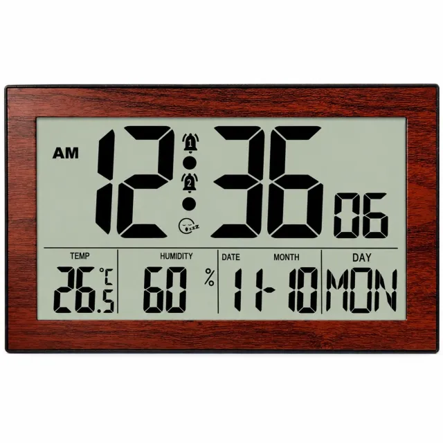 SWGOTA wekker met LCD-scherm - Digitale wandklok met temperatuur, luchtvochtigheid en kalender - Bruine houtlook zonder achtergrondverlichting - Op batterijen - 20,2 x 12,4 x 2,6 cm