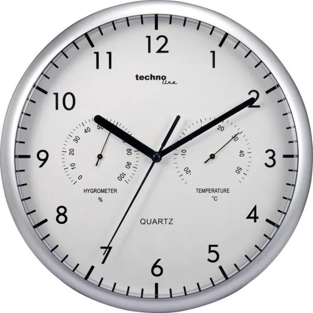 Technoline WT650 - Wandklok - Analoog - Quartz - Rond - Kunststof - Binnentemperatuur - Binnenluchtvochtigheid - Zilverkleurig