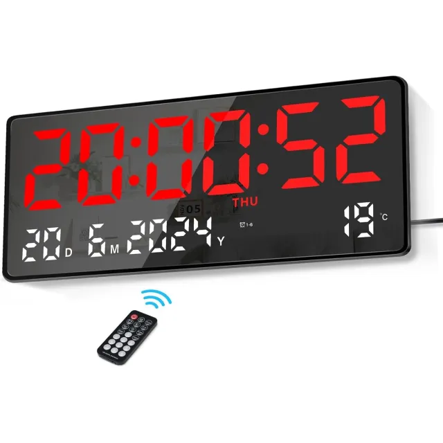 Bobypet Klok - 15,5 inch LED digitale wekker - Grote cijfers - met afstandsbediening datum, temperatuur, week - Moderne digitale klok - Voor woonkamer, slaapkamer, kantoor, keuken - Rood