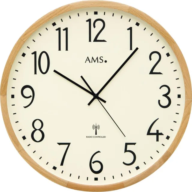 AMS F5534 - Wandklok - Analoog - Radiogestuurde tijdsaanduiding - Hout - Mineraal Glas - Bruin - Wit - 40 cm ø
