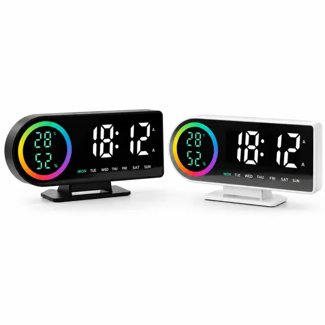 SWGOTA Digitale LED-bureauwekker met witte tijdcijfers, temperatuur, luchtvochtigheid en weekdag - Zwarte behuizing met voet en kleurrijke ring