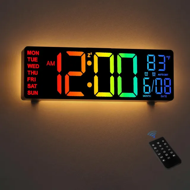 ‎HAITANG HAITANG Digitale Wandklok - 10,5" Grote Wandklok met Temperatuurweergave, Datum en Dag, RGB Kleur Automatische Helderheidsdimmer, Nachtlampjes, 24/12-uurs LED voor Bureau, Slaapkamer