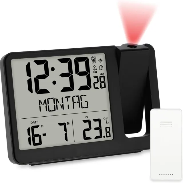 Famanu Digitale projectie-wekker met buitensensor, dubbele wektijd, temperatuur, datum, weekdag, zwart