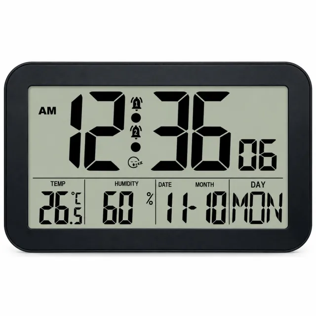 SWGOTA wekker met LCD zonder achtergrondverlichting - Temperatuur, luchtvochtigheid en kalender - Zwart - Wand- of tafelmodel op batterijen - 20,2 x 12,4 x 2,6 cm