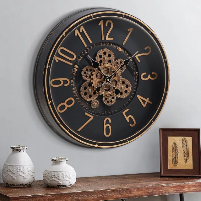Mee 2ou Grote Wandklok met Bewegende Tandwielen, 20 inch / 50 cm Retro Wandklok voor Woonkamerdecoratie, Industriële Steampunk Decoratieve Wandklok Vintage Brons Goud Retro Wandklok voor Boerderijappartement