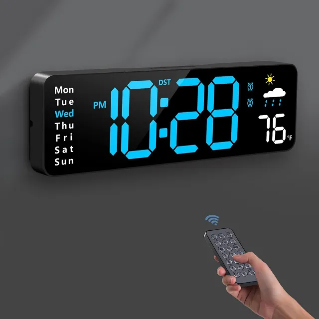 FLITI Digitale wandklok - groot LED-scherm met afstandsbediening - toont datum, temperatuur en vochtigheid - voor woonkamer, slaapkamer en klaslokaal - multifunctionele elektronische klok - voor thuis- en kantoorgebruikers - blauw - one size - 1 stuk zwart