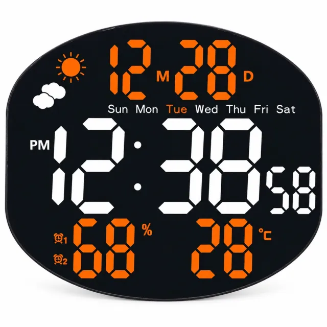 SWGOTA Digitale LED-klok met groot scherm - oranje en witte weergave - tijd, datum, temperatuur en luchtvochtigheid - staand of aan de wand Zwart