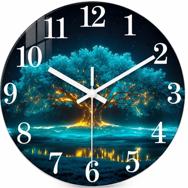 SWGOTA Ronde wandklok van gehard glas, 12 inch - Stille kwartsklok met witte cijfers en turquoise-goudkleurig boommotief