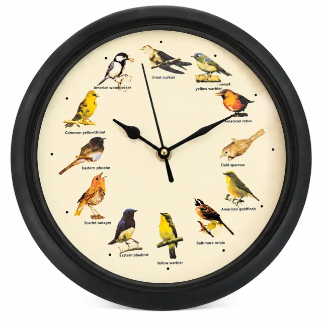 SWGOTA Wandklok met 12 vogelgeluiden, diameter 25 cm, zwart, rond en analoog, Russische wijzerplaat, automatische nachtuitschakeling van vogelgeluiden
