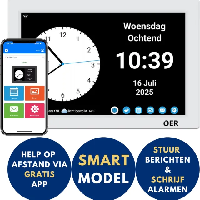 OER Smart Dementieklok – Digitale & analoge weergave – Beheer agenda via GRATIS App – Spreekt tijd & dagdeel uit – Schrijf op maat gemaakte alarmen – Stuur berichten en foto´s Wit