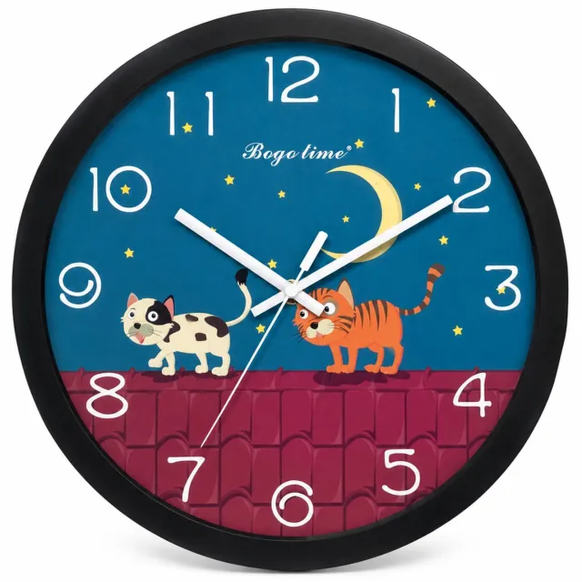 SWGOTA Stille wandklok met sterren, maan en katten - Zwarte ronde rand - 29,8 cm - Analoge tijdweergave