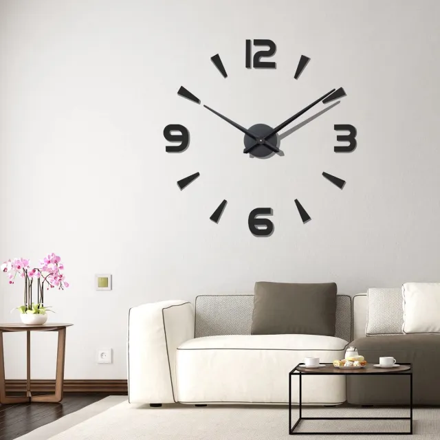 Famanu Moderne frameloze 3D-wandklok met Romeinse cijfers en spiegelstickers voor woondecoratie en kantoor, zwart