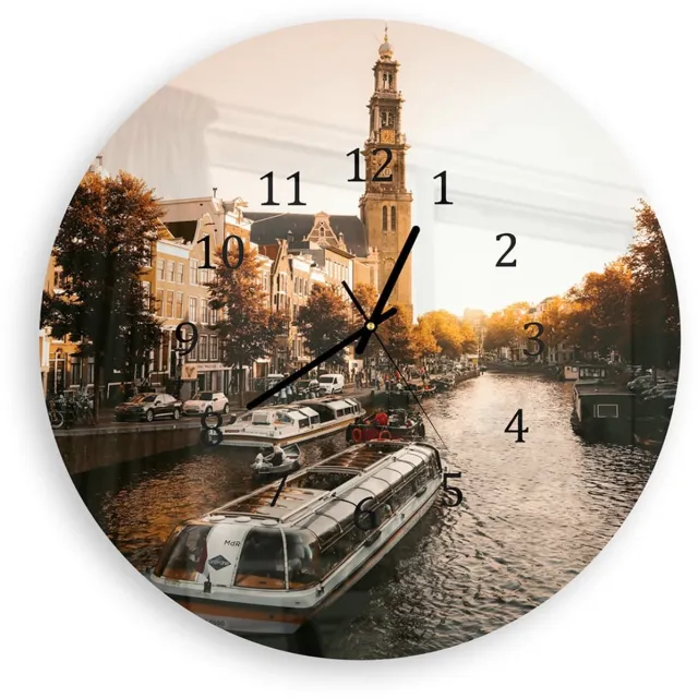 Mydesignglas Grote Glazen Wandklok XXL - Wandklok Rond 60cm - Gehard Glas - Amsterdamse Herfst Zwart - Stille Klok voor Woonkamer & Keuken - Modern Design Black